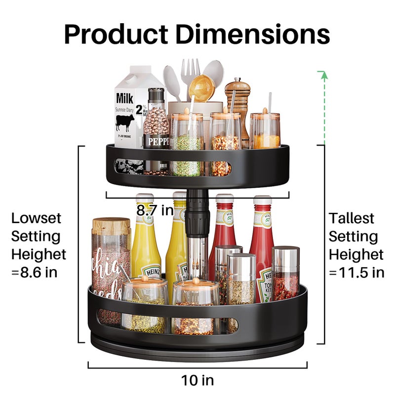 SAYZH Lazy Susan Spice Rack Organizer 2 Tier - Rotating Seasoning Organizer Metal Lazy Turntable Height Adjustable Spice Organization for Cabinet Pantry Kitchen Counter, 10 inch Black - Image 5